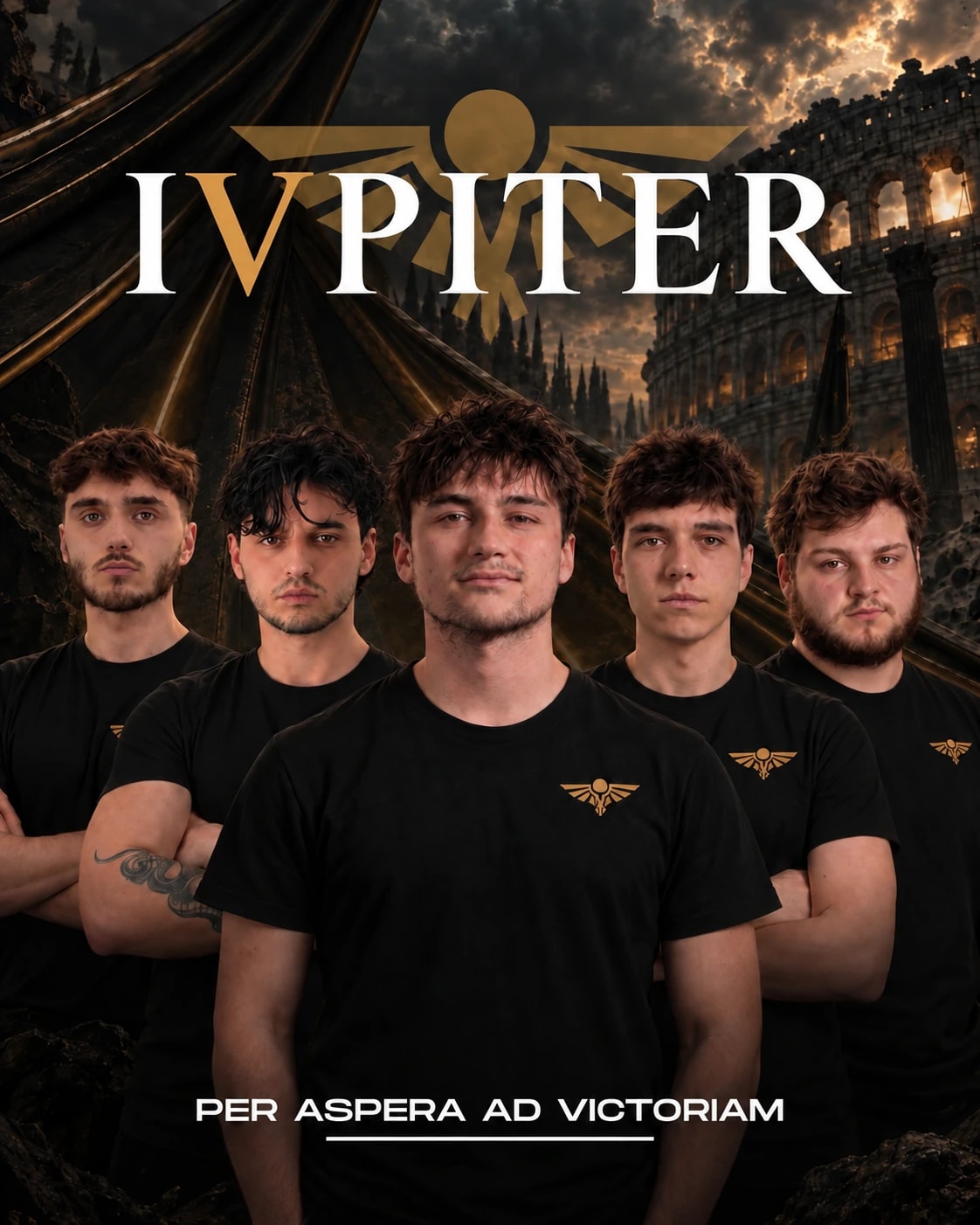 Il poster ufficiale del roster VALORANT 2026 di IVPITER: Kaiser, fraNdina, Xazyy, Jixey e Sweet sotto il logo, con il motto Per aspera ad victoriam